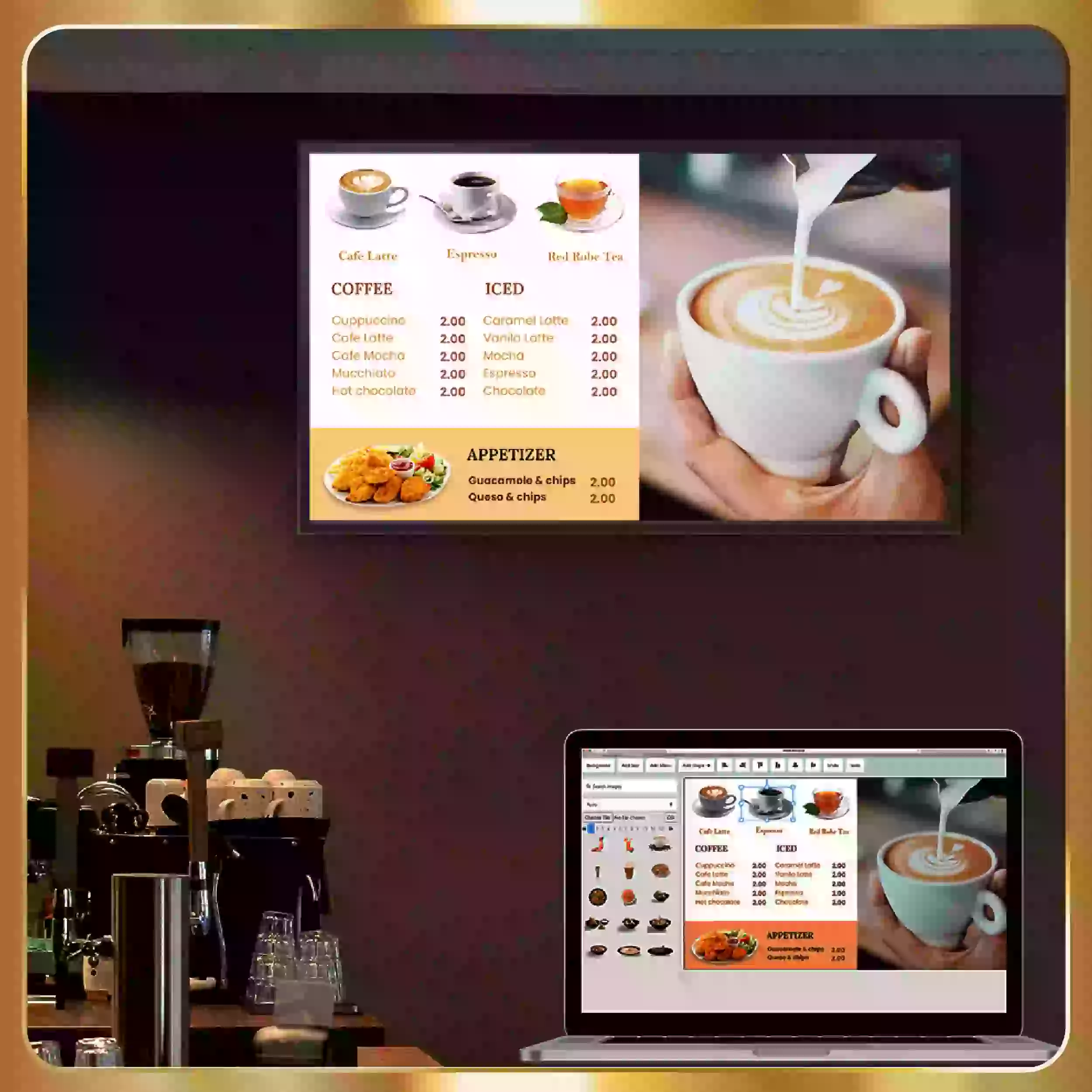 A coffee shop with a menu on the wall.